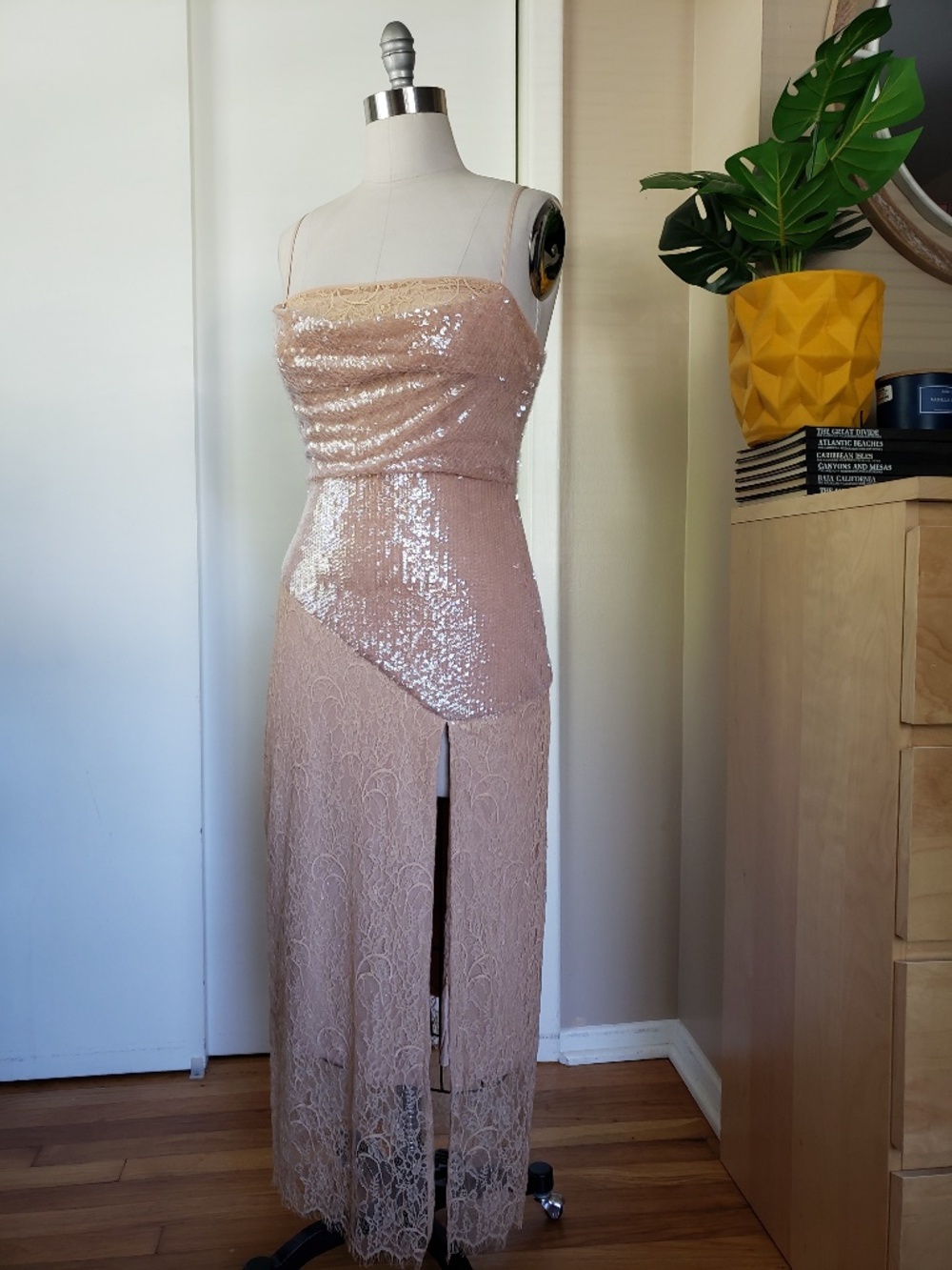 BCBG Stunning Champagne Sequins Lace Dress Size 8 NEW
